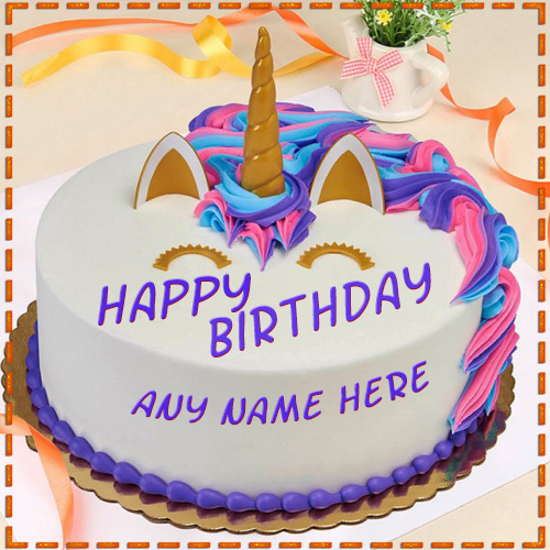 Colorful Unicorn Round Birthday Cake With Name